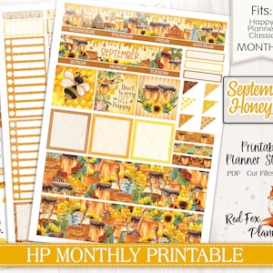 SEPTEMBER HONEYBEE Happy Planner (HP) Maandelijks Afdrukbare Planner Stickers, honingpot, bijenkorf hommel, zonnebloemen, druipende honingkam