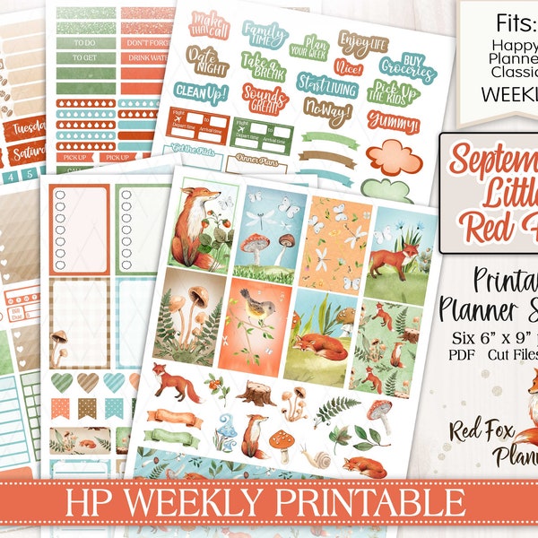 September Little Red Fox Happy Planner (HP) Weekly Printable Planner Stickers, nature, leaves, autumn, fall, woodland animal, fox, butterfly