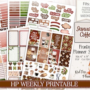 May include: A collection of printable planner stickers with a coffee theme. The stickers include various designs, such as to-do lists, decorative elements, and coffee-related illustrations. The text "January Coffee" is displayed prominently.