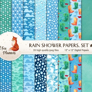 RAIN SHOWERS Set #2 Digital Paper Pack, 20 Quantité, eau, flaques d’eau, gouttes de pluie, bottes de pluie, parapluie, pluie printanière, nuages, ciel nuageux