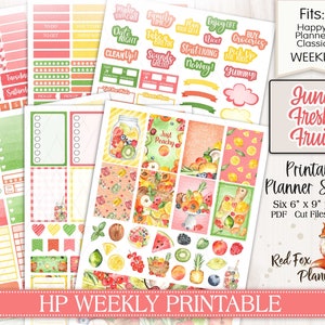 Junio Fruta fresca Happy Planner (HP) Planificador imprimible semanal Pegatinas, fruta, isla tropical, baya, limón, lima, cereza, melocotón, piña