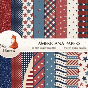 AMERICANA Digital Paper Pack, 20 Quantité, 4 juillet, jour de l’indépendance, rouge blanc et bleu, drapeau américain, Amérique, Etats-Unis, patriotique, patriote
