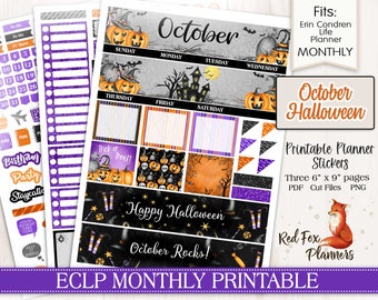 HALLOWEEN Erin Condren Life Planner (ECLP) Printable Monthly Planner Stickers, October, pumpkins, jack-o-lantern, autumn, haunted house