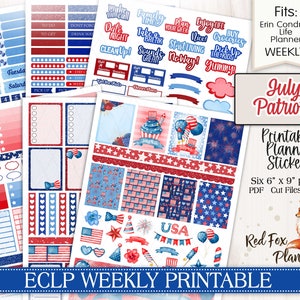PATRIOTIC Erin Condren Life Planner (ECLP) Printable Weekly Planner Stickers, July 4th, Independence Day, American, USA, Patriotic, Flags