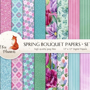 SPRING BOUQUET Set #1 Digital Paper Pack, 20 Quantité, lilas, lavande, lys, tulipe, fleur pourpre, fleur de Pâques, eucalyptus, botaniques