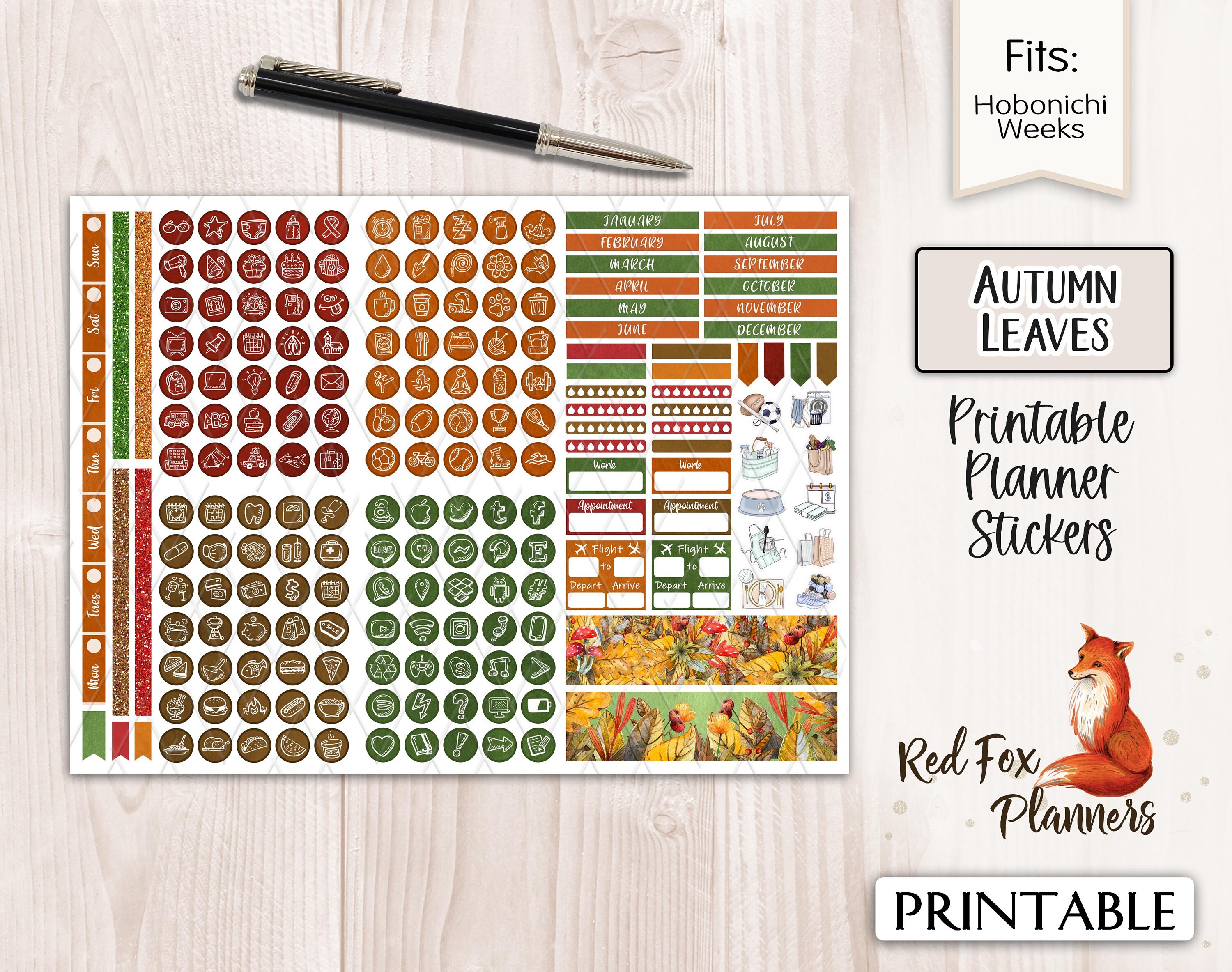 AUTUMN LEAVES Hobonichi Weeks Printable Planner Sticker Kit, Autumn ...