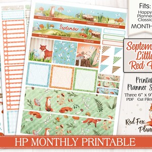 May include: Printable planner stickers featuring a cute fox design. The stickers are designed for use with the Happy Planner Classic Monthly system. The stickers feature a fox, mushrooms, leaves, and a forest scene. The stickers are printed on three 6 x 9 inch pages.