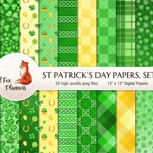 ST PATRICK’S DAY Set #2 Digital Paper Pack, 20 Quantité, trèfle à quatre feuilles, trèfle à 4 feuilles, trèfles, pot d’or, botte de lutin, pièce d’or