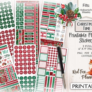 KERSTTIJD Hobonichi Weken Afdrukbare Planner Sticker Kit, feestdagen, Kerstmis, geschenken, cadeautjes, poinsetta's, schaatsen, dennenappel, rood & groen