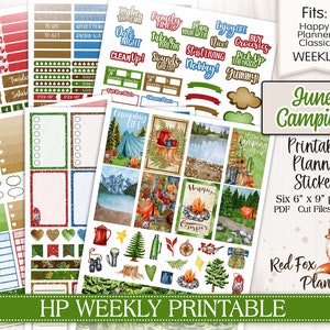 May include: Printable planner stickers with a June Camping theme. The stickers feature a variety of camping-related designs, including a tent, a campfire, a forest, and a red fox. The stickers are designed for use with the Happy Planner Classic Weekly planner.