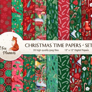 クリスマス タイム セット #2 デジタル ペーパー パック、数量 20、ポインセチア、カーディナル、フィンチ、ノーム、キャンディ ケイン、ギフト、プレゼント、松の木、ヤドリギ