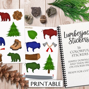Peut inclure: Autocollants d'lumberjack imprimables avec 16 motifs colorés, y compris des ours, des buffles, des arbres, des haches et des bottes. Téléchargez et imprimez simplement sur du papier autocollant, puis découpez les autocollants.  "Lumberjack Stickers" et "16 Colorful Stickers" sont écrits sur le carnet.