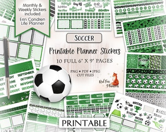 May include: Printable planner stickers with a soccer theme. The stickers are green and black with soccer balls, stars, and other soccer-related designs. The stickers are 10 full 6" x 9" pages and come in PNG, PDF, and JPEG cut files.