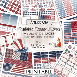 AMERICANA Erin Condren Printable Planner Sticker Kit, 4 juillet, Independence Day, vintage American, USA, Patriotic, Red White Blue, Flag