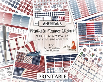 Pode incluir: Adesivos imprimíveis para planejador em vermelho, branco e azul com um tema patriótico. Os adesivos são projetados para o planejador Erin Condren Life Planner e apresentam estrelas, listras e outros designs americanos. Os adesivos medem 15,24 cm por 22,86 cm e vêm em um conjunto de 9 páginas.