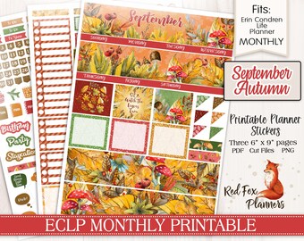 May include: Printable planner stickers featuring a fall theme with autumn leaves, mushrooms, and a red fox. The stickers are designed to fit Erin Condren Life Planners and are available in three 6x9 inch pages. The stickers are available in PDF, cut files, and PNG formats.
