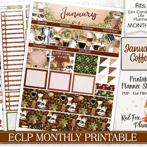 May include: Printable planner stickers for Erin Condren Life Planners. The stickers feature a coffee theme with illustrations of coffee cups, coffee beans, and a coffee pot. The stickers are designed for January and include the text "January Coffee".