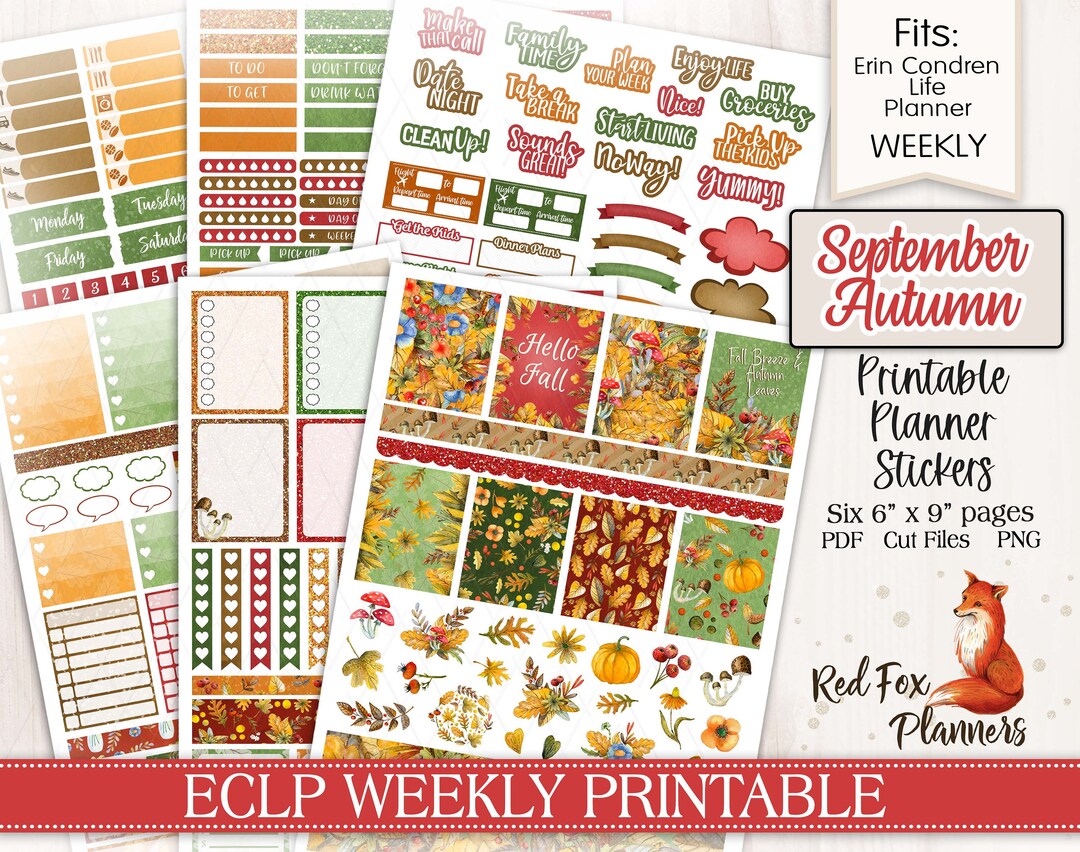 September Autumn Erin Condren (ECLP) Weekly Printable Planner Stickers ...