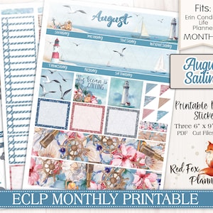 May include: Printable planner stickers for Erin Condren Life Planners. The stickers feature a nautical theme with lighthouses, seashells, anchors, and a sailboat. The text "August Sailing" is featured on the sticker sheet.