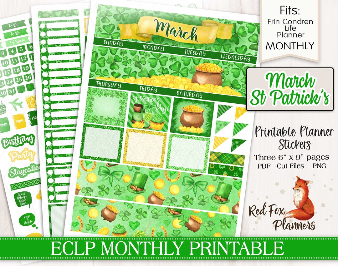 MARCH St Patrick's Day Erin Condren Life Planner (ECLP) Printable ...