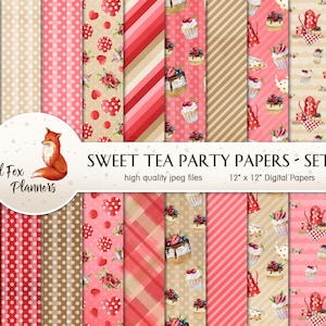 SWEET TEA PARTY Set #1 Digital Paper Pack, 20 Quantité, saint-valentin, théière, roses, cupcakes, gâteaux, café, épices, rouge &rose, mariage