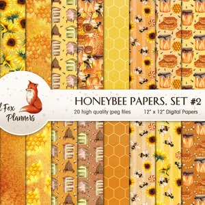 HONEYBEE Set # 2 Digitaal papierpakket, 20 Hoeveelheid, bijen, hommels, honing, honingpot, honingraat, zonnebloemen, bijenkorf, honingraat