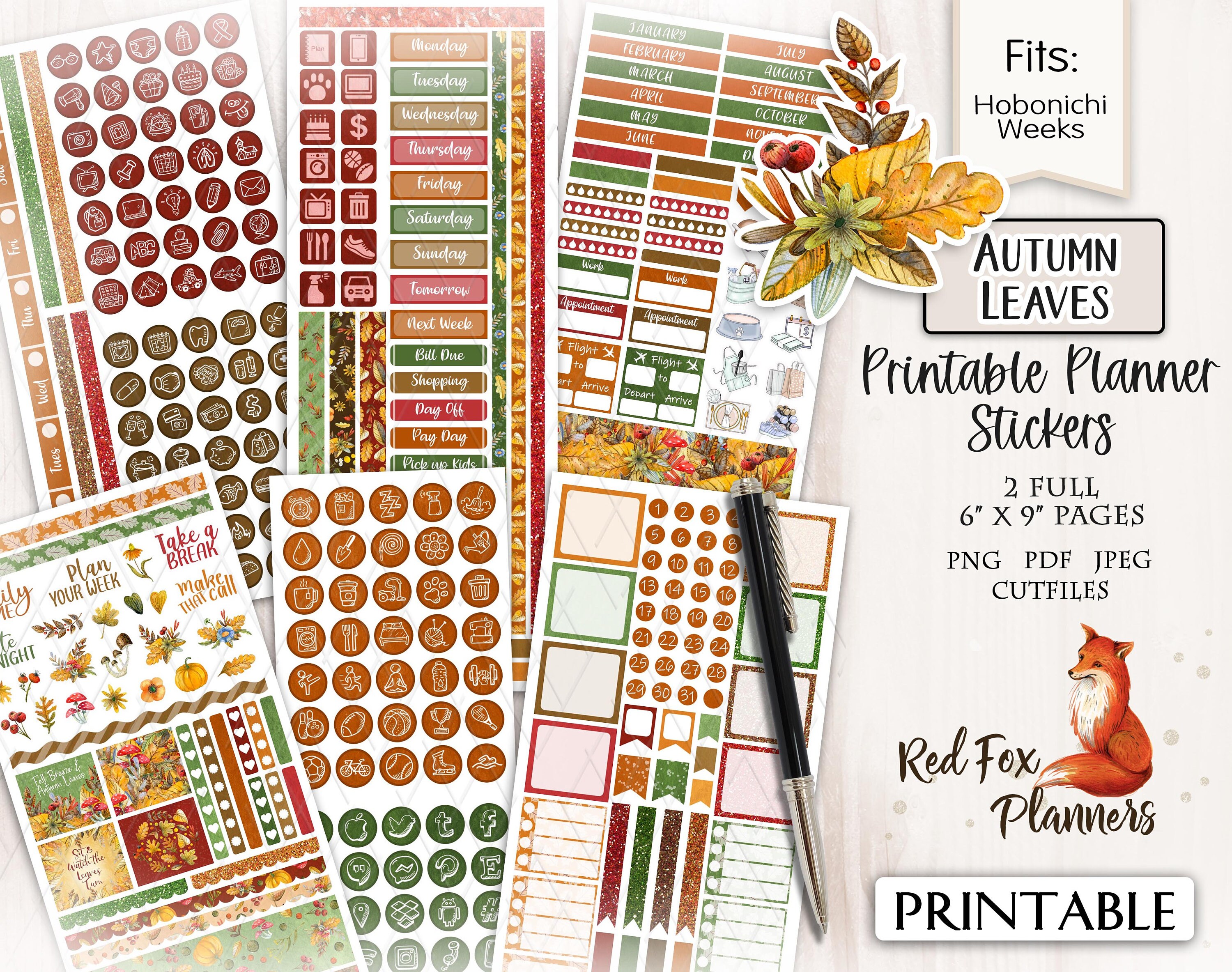 AUTUMN LEAVES Hobonichi Weeks Printable Planner Sticker Kit, Autumn ...