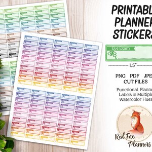 May include: Printable planner stickers with watercolor hues. The stickers are 1.5 inches wide and 0.4 inches tall. The stickers are labeled with the text "Eye Exam".