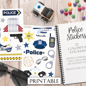 May include: Printable police stickers with 22 colorful designs. The stickers include a police car, motorcycle, helicopter, handcuffs, a donut, a police hat, a gun, a jail house, and a police badge. The text "Police Stickers" is printed on the page.