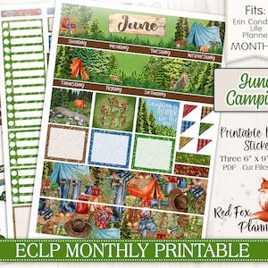 Junio Camping Erin Condren (ECLP) Planificador imprimible mensual Pegatinas, naturaleza, hojas, tienda de campaña, pinos, mochila, linterna, hervidor de agua, linterna