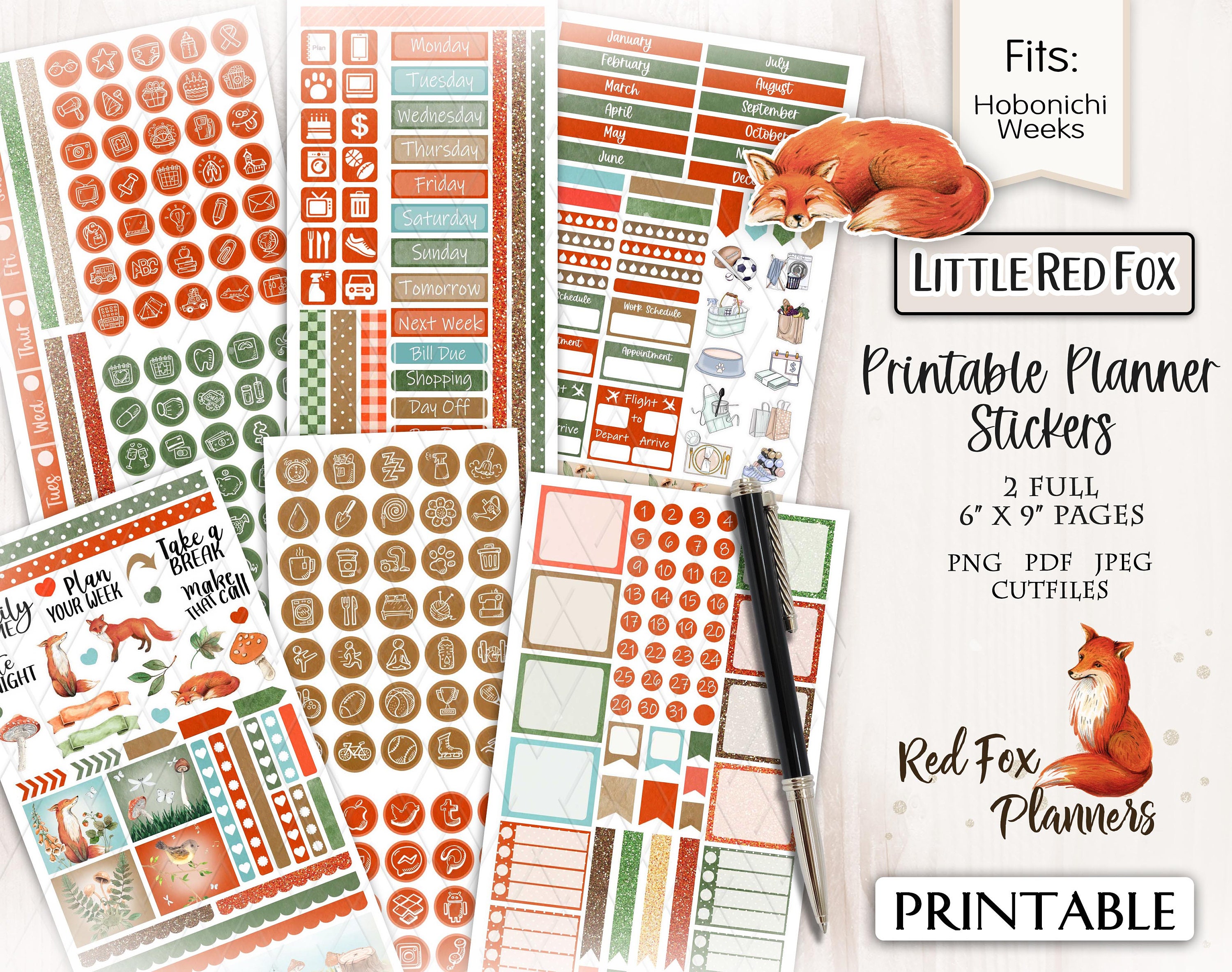 LITTLE RED FOX Hobonichi Weeks Printable Planner Sticker Kit , Foxes ...