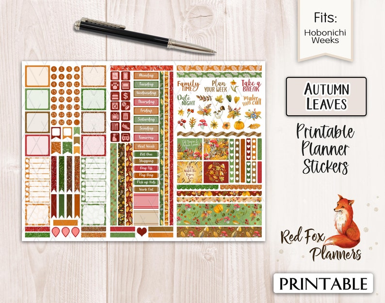 AUTUMN LEAVES Hobonichi Weeks Printable Planner Sticker Kit, Autumn ...