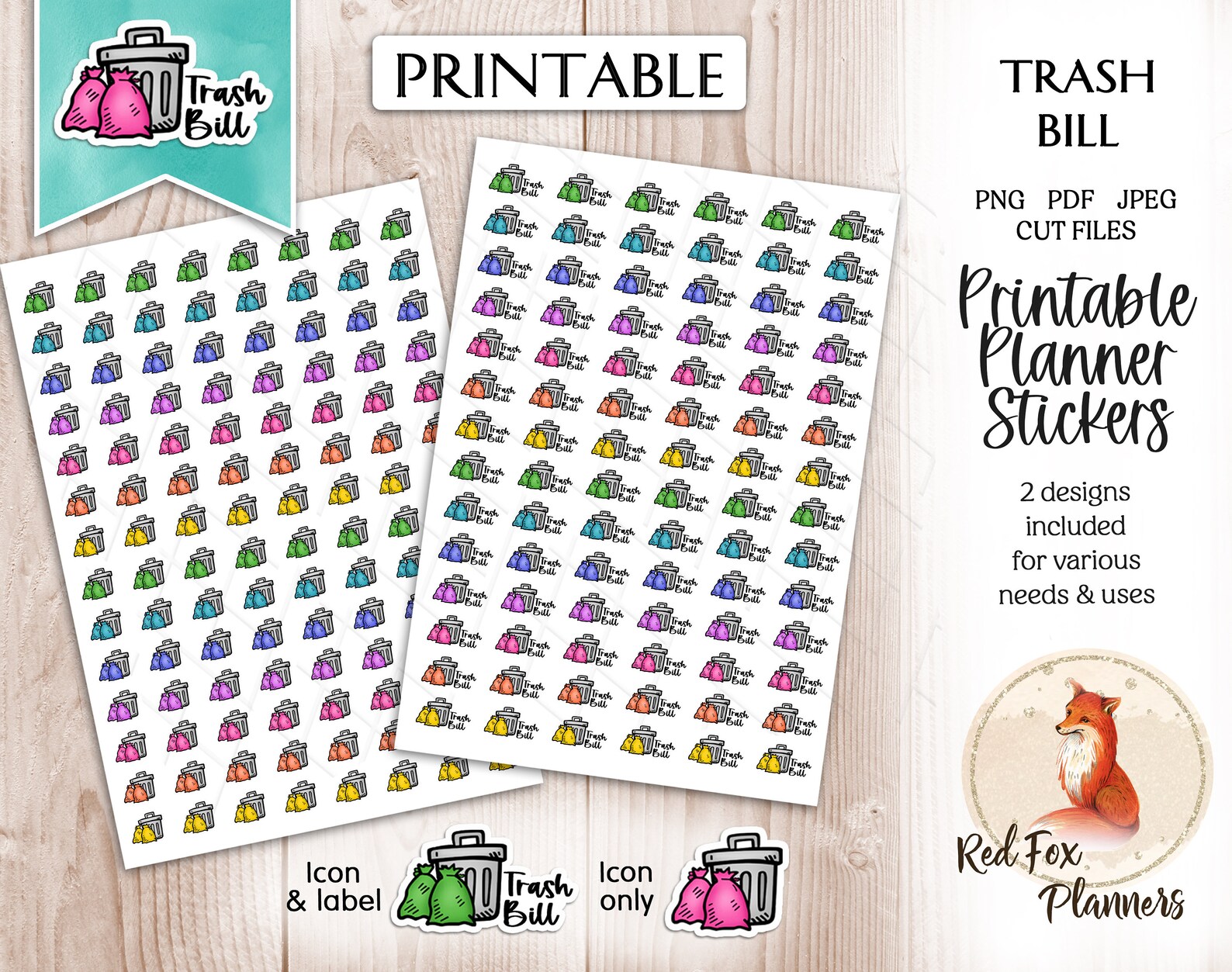 TRASH BILL Functional Digital Printable Stickers, Instant Download