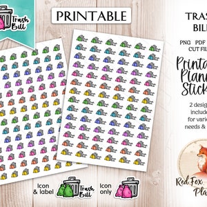 May include: Printable planner stickers featuring colorful trash bags and trash cans. The stickers are in various colors, including green, blue, pink, orange, and yellow. The text "Trash Bill" is included. The image also includes the text "Printable Planner Stickers".