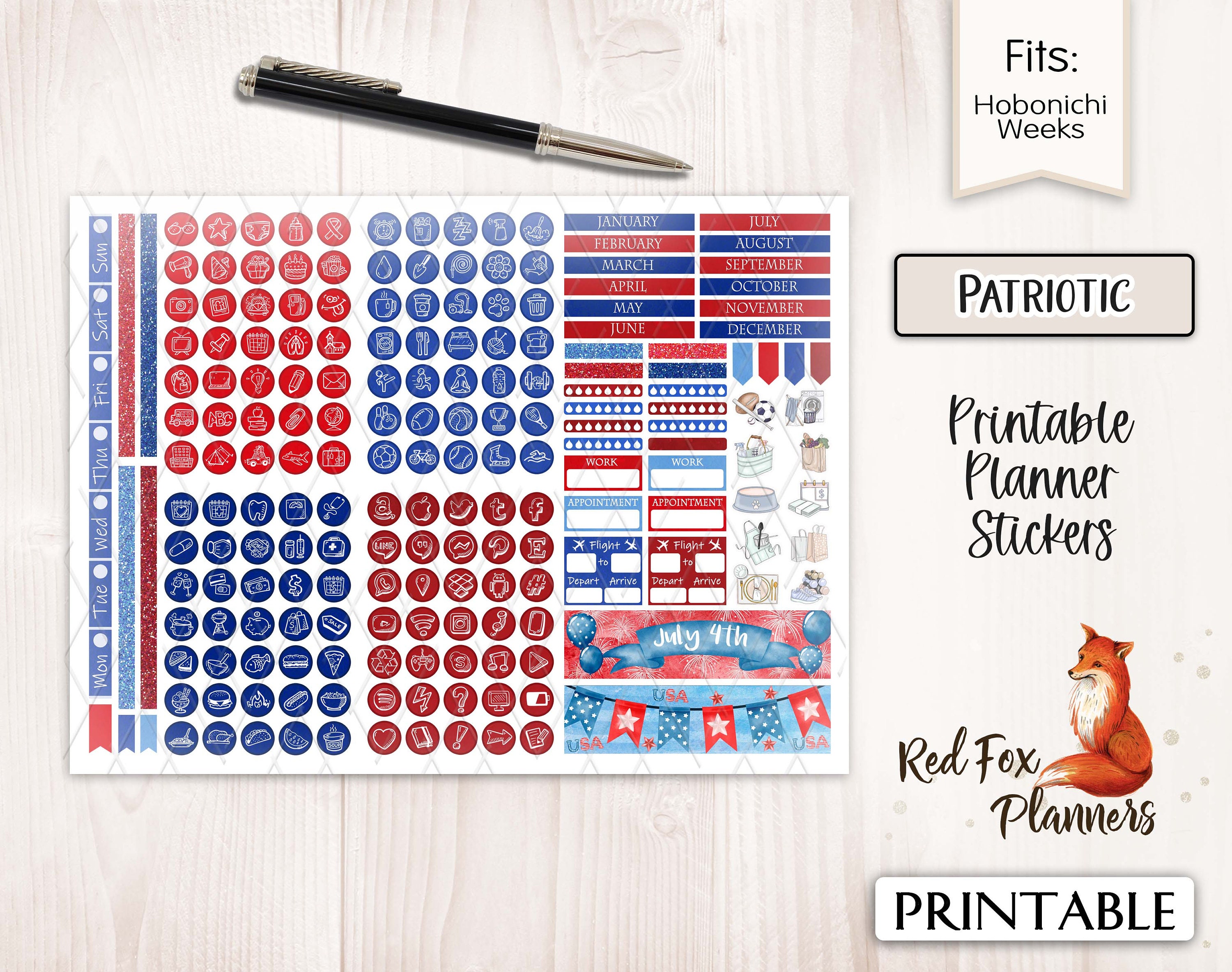 PATRIOTIC Hobonichi Weeks Printable Planner Sticker Kit, July 4th ...