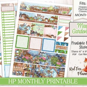 Puede incluir: Pegatinas imprimibles para el planificador Happy Planner Classic de diseño mensual. Las pegatinas tienen un tema de jardinería con un diseño de acuarela de herramientas de jardinería, flores y una casita para pájaros. El texto "May Gardening" aparece en la hoja de pegatinas.