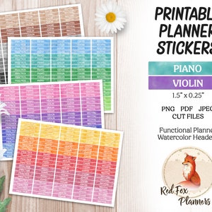 May include: Printable planner stickers with watercolor headers in various colors. The stickers are 1.5 inches by 0.25 inches and feature the words "Practice", "Piano", "Violin", "Choir", and "Recital".