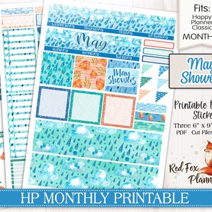 May Showers Happy Planner (HP) Autocollants mensuels imprimables, gouttes de pluie, pluie, flaques d’eau, bottes de pluie, eau, nuages, ciel nuageux, printemps
