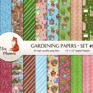 Op de afbeelding: Set van 20 digitale papieren met illustraties met een tuinmotief. De papieren bevatten patronen van gieters, bloemen, tuingereedschap en tuinschuurtjes. De papieren zijn 30,5 cm bij 30,5 cm en zijn van hoge kwaliteit jpeg-bestanden.