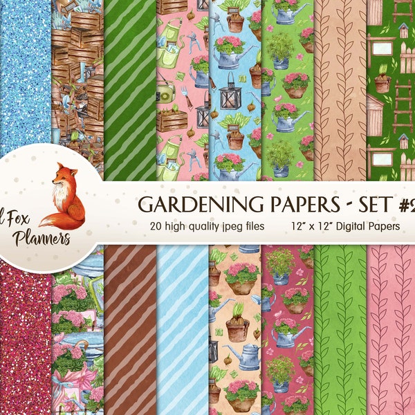 GARDENING Set #2 Digital Paper Pack, 20 Quantity, spring, garden, plants, ladder, wheelbarrow, gloves, dirt, flowers, springtime, easter