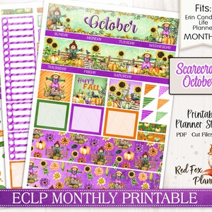 May include: Printable planner stickers featuring a scarecrow theme with sunflowers, pumpkins, and fall foliage. The stickers are designed for Erin Condren Life Planners and are labeled "Scarecrow October".
