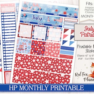 PATRIOTIC Happy Planner Classic (HP) Adesivi mensili stampabili, 4 luglio, Giorno dell'Indipendenza, Americano, USA, Patriottico, Bandiere