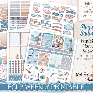 May include: Printable planner stickers with a nautical theme. The stickers feature a lighthouse, sailboat, seashells, seagulls, and a compass. The stickers are designed for use with the Erin Condren Life Planner. The stickers are available in a PDF format and are six 6 x 9 inch pages.