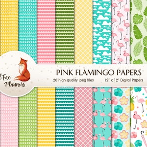 PINK FLAMINGO Digital Paper Pack, 20 Quantité, oiseaux tropicaux, coctails, vacances, île, plage, étang, queues de chat, papiers roses et sarcelles