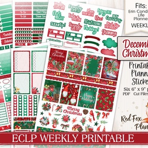 DECEMBER KERSTMIS Erin Condren (ECLP) Wekelijks Afdrukbare Planner Stickers, poinsettia, pijnboom, geschenken, kerstmis, feestdagen, geschenken, kardinaal