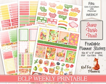 Junio Fruta Fresca Erin Condren (ECLP) Planificador Imprimible Semanal Pegatinas, piña, manzana, naranja, melocotón, arándano, fresa, cereza, lima