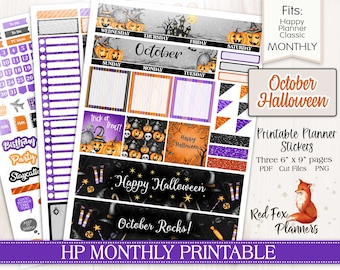 HALLOWEEN Happy Planner Classic (HP) Printable Monthly Planner Stickers, October, pumpkins, jack-o-lantern, autumn, broom, haunted house