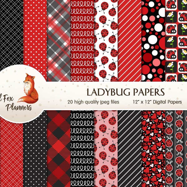 LADYBUG Digital Paper Pack, 20 Quantity, lady bugs, ladybirds, bugs, insects, nature, black and red papers, plaid, polka dots, picnic