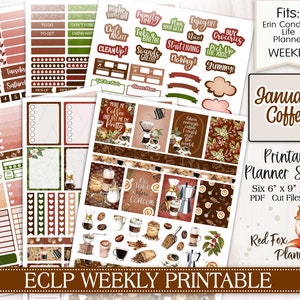May include: Printable planner stickers with a coffee theme. The stickers feature illustrations of coffee beans, coffee cups, coffee pots, and other coffee-related items. The stickers are designed for use with Erin Condren Life Planners. The stickers are available in six 6-inch by 9-inch pages. The stickers are available in PDF and PNG formats.