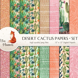 DESERT CACTUS Set #1 Digital Paper Pack, 20 Quantité, saguaro, baril d’or, cactus oreilles de lapin, chaleur du désert, Arizona, natif, cholla